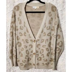 C & C California Button Front Cardigan Womens 1X Neutral Leopard‎ Soft Oversized